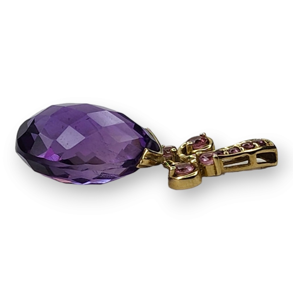 Pendant 10KT Yellow Gold Amethyst Pink Tourmaline Vintage Large Faceted Purple‎ - Picture 7 of 11